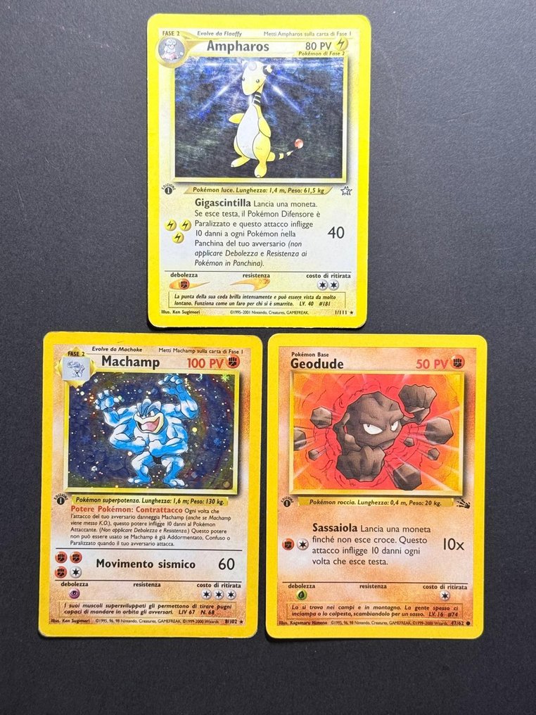 Pokémon - 3 Card - Ampharos, Geodude, Machamp 閃卡, 初版 - WOTC - Base set, Neo Genesis, Fossil #1.0