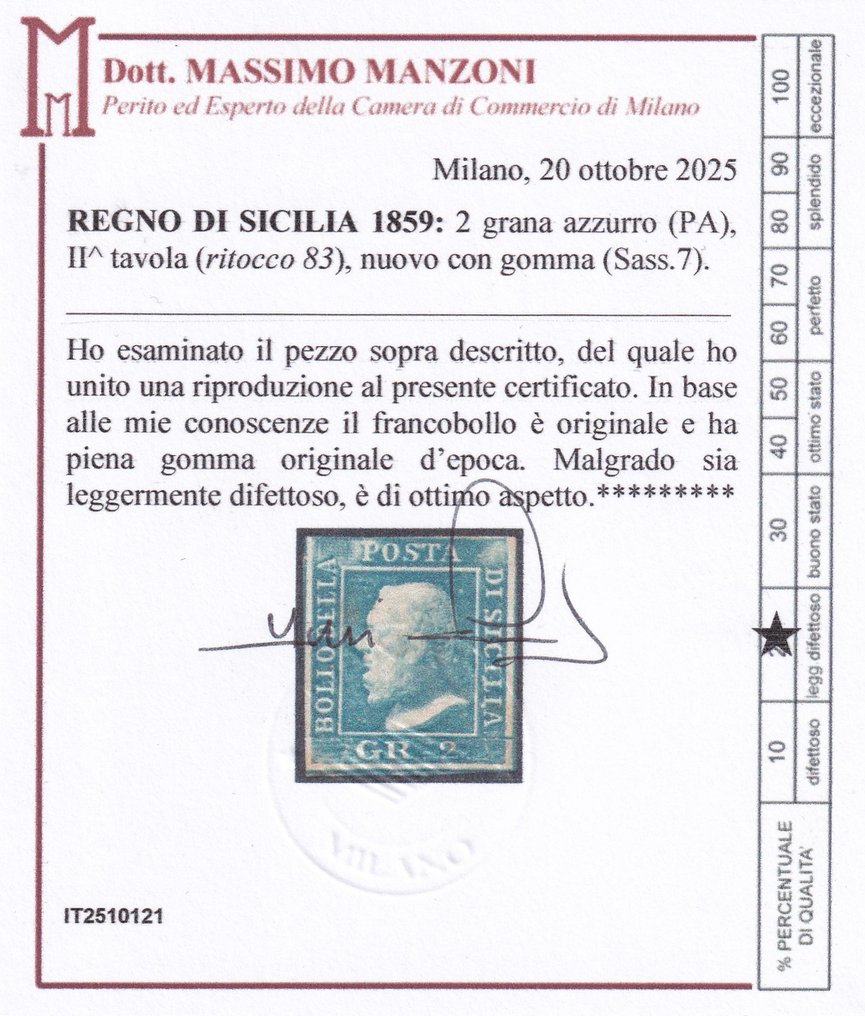 Αρχαία ιταλικά κράτη - Σικελία - 1859, 2 γραμμα Ritocco, 83, καινούριο με γόμα, πιστοποιημένο Manzoni. #2.1