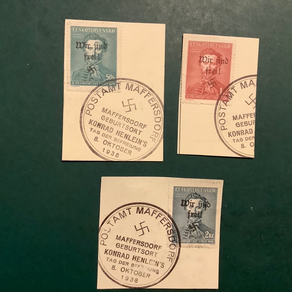 Bohemen en Moravië 1938 - Mattersdorf : Fugner met wir sind frei opdruk en einwandfei befund Brunel - Michel 134/136 #4.3