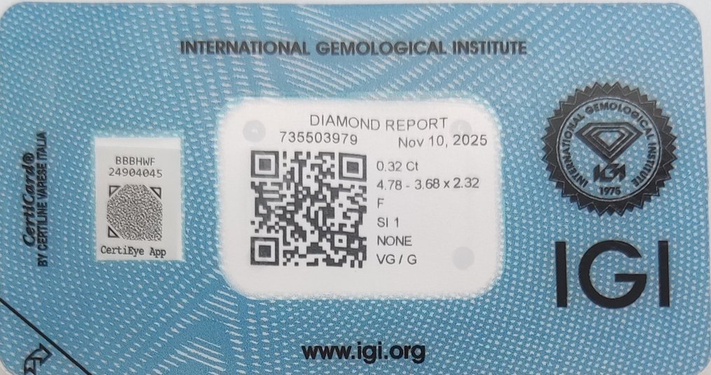 没有保留价 - 1 pcs 钻石  (天然)  - 0.32 ct - 椭圆形 - F - SI1 微内含一级 - 国际宝石研究院（IGI） #2.1