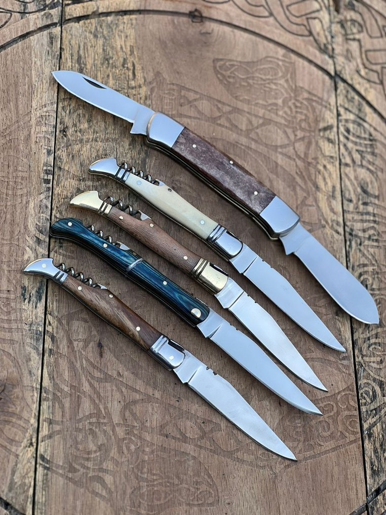 Μαχαίρι κουζίνας - Kitchen knife set - Laguiole Bougna με μαχαίρι διπλής όψης με μέλισσα, καλής vintage επιτραπέζιο μαχαίρι και συλλεκτικό - Ατσάλινο μαχαίρι, ξύλο τριανταφυλλιάς, ατσάλινη ενίσχυση, κόκκαλο. - Γαλλία - Εξατομικευμένο χειροποίητο #3.2