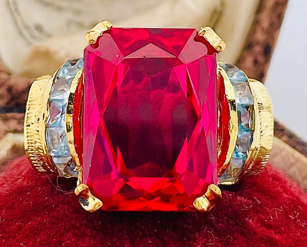 没有保留价 - 戒指 - 9 kt. 黄金, 银 红宝石 - 海蓝宝石 #1.0