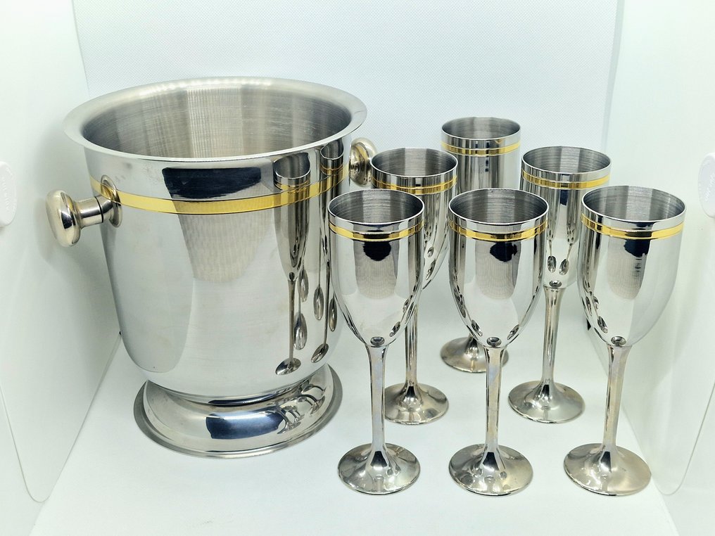 Συντηρητής σαμπάνιας (7) - Ολοκληρωμένο σε 6 φλάουτο - Ασημένιο και Χρυσό Επιχρύσωμα και Ατσάλι. - Secchiello + 6 Flute #1.0