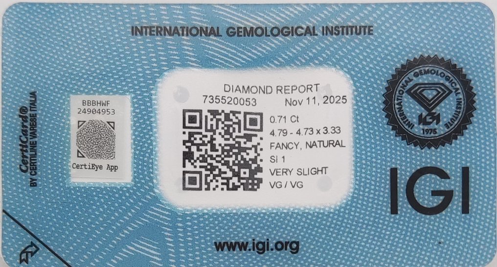 Sans Prix de Réserve - 1 pcs Diamant (Couleur naturelle) - 0.71 ct - Coussin - Fancy light Jaune - SI1 - International Gemological Institute (IGI) #2.1