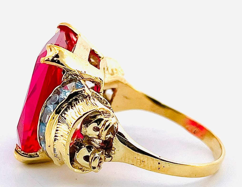 没有保留价 - 戒指 - 9 kt. 黄金, 银 红宝石 - 海蓝宝石 #4.3