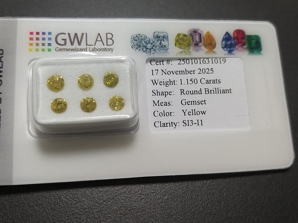 Senza prezzo di riserva - 6 pcs Diamante  (Con trattamento colore)  - 1.15 ct - Rotondo Giallo - I1, SI3 - Gemewizard Gemological Laboratory (GWLab) #1.0