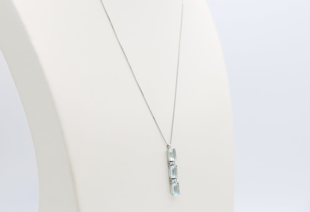 吊坠项链 - 18K包金 白金 海蓝宝石 - 钻石 #4.3