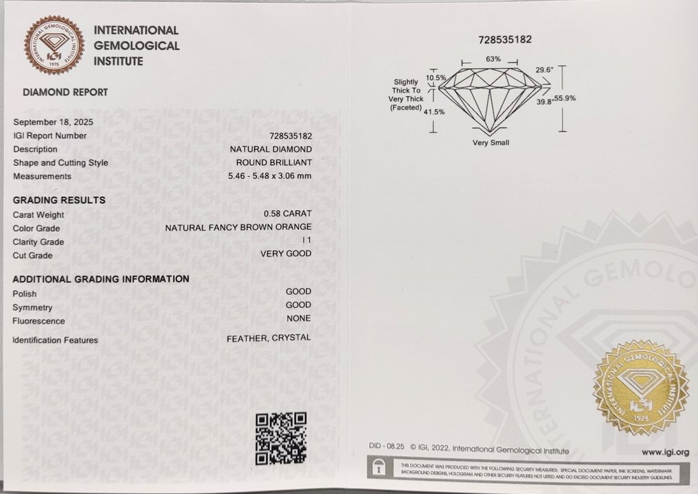 没有保留价 - 1 pcs 钻石 (天然色彩的) - 0.58 ct - 圆形 - Fancy 棕色 橙色 - I1 内含一级 - 国际宝石研究院(IGI) #4.3