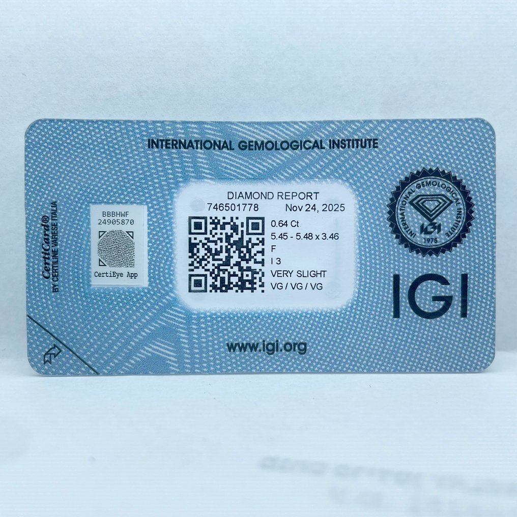 No Reserve Price - 1 pcs Diamond (Natural) - 0.64 ct - Round - F - I3 - International Gemological Institute (IGI) #4.3