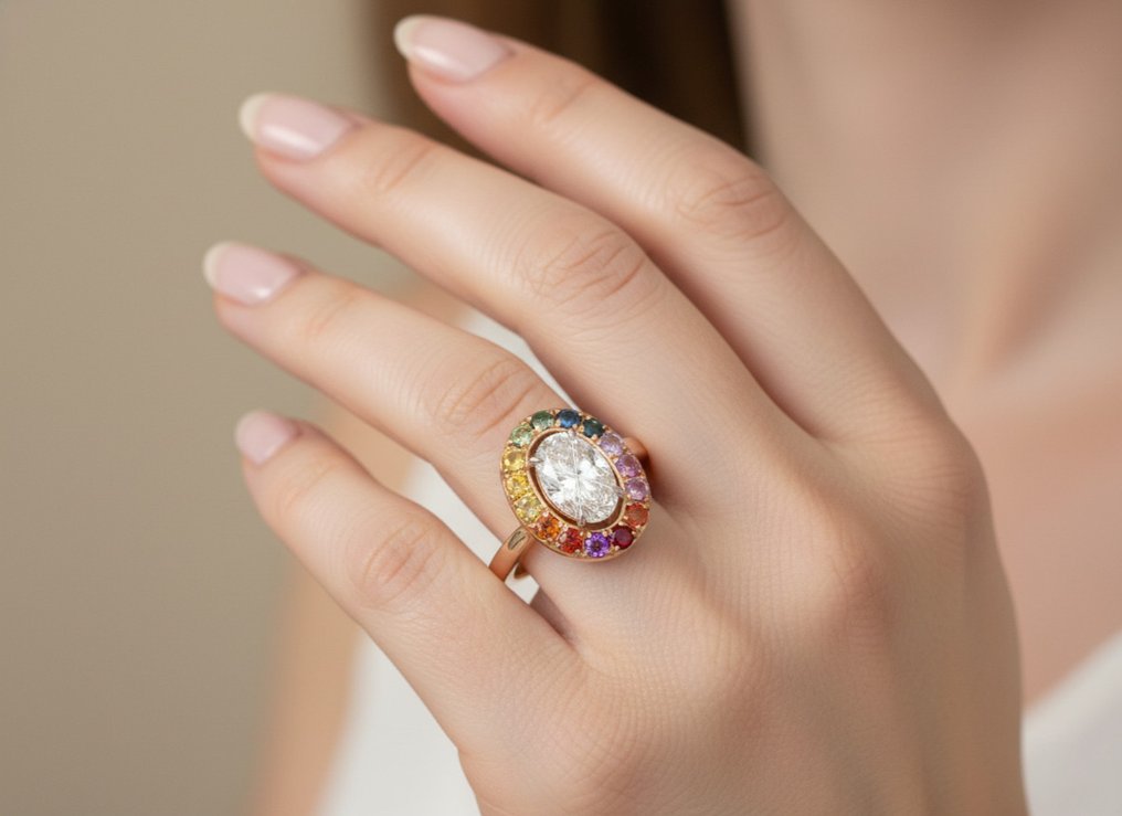 戒指 - 18 克拉 玫瑰金 - 0.67ct. tw. 鉆石 (天然) - 混合寶石 - 2 CT 看多彩蓝宝石 #2.1