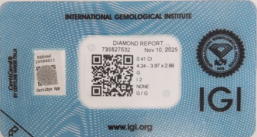 沒有保留價 - 1 pcs 鑽石  (天然)  - 0.41 ct - G - I2 - 國際寶石學院（International Gemological Institute (IGI)） #2.1