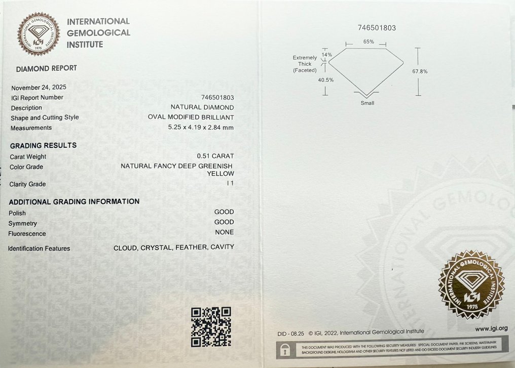 没有保留价 - 1 pcs 钻石  (天然色彩的)  - 0.51 ct - 椭圆形 - Fancy deep 稍帶綠色的 黄色 - I1 内含一级 - 国际宝石研究院（IGI） #2.1