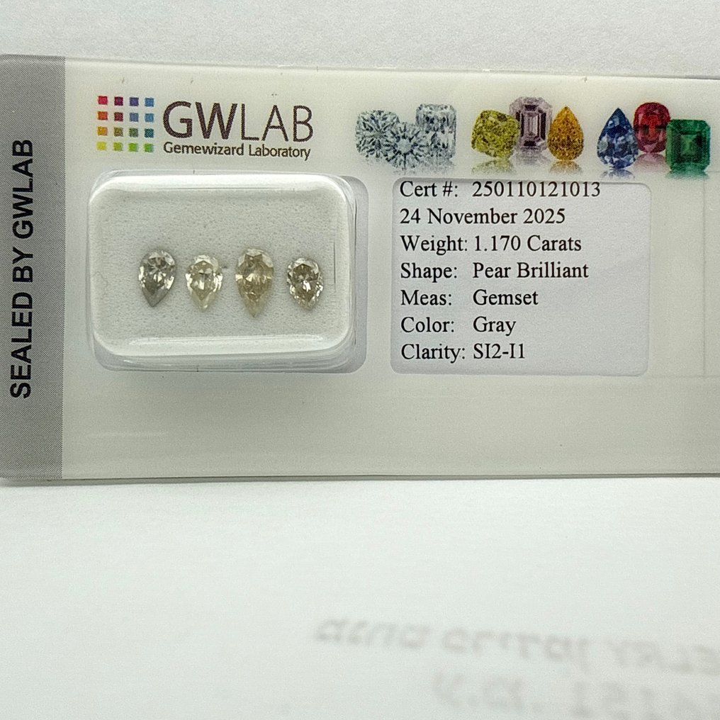 χωρίς τιμή ασφαλείας - 4 pcs Διαμάντι (Φυσικού χρώματος) - 1.17 ct - Αχλάδι Γκρίζο - SI2, I1, SI3 - Gemewizard Gemological Laboratory (GWLab) #4.3