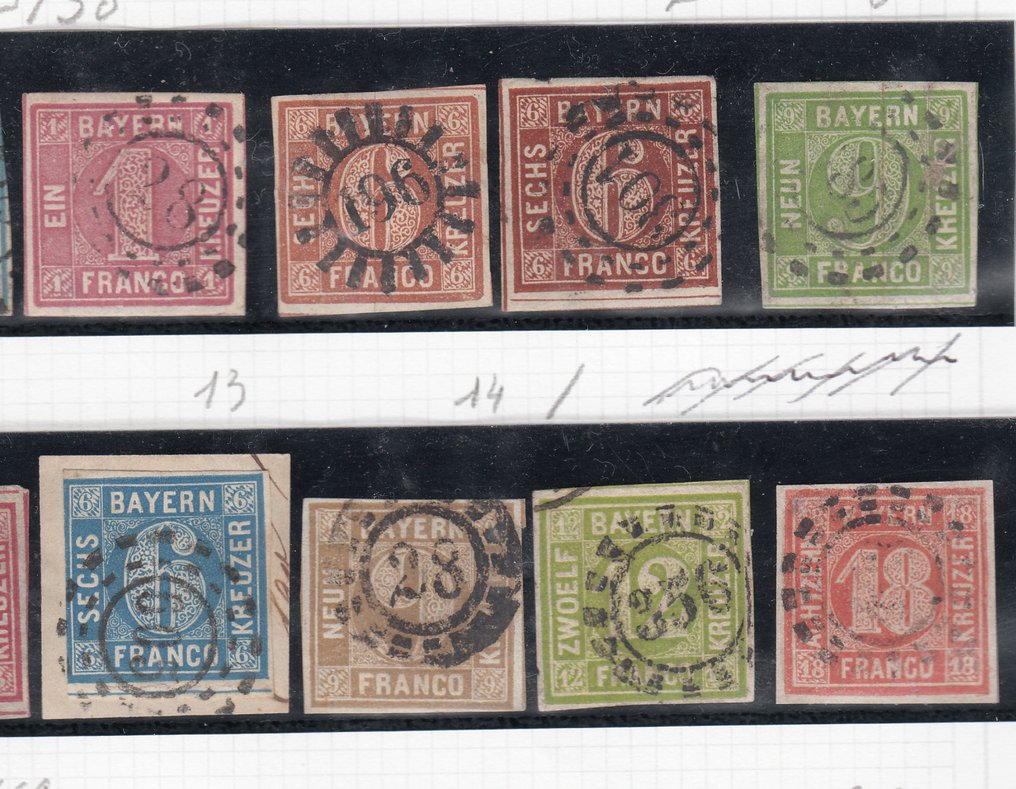 Bavière 1850/1876 - Ancienne feuille d'album, période Kreuzer, qualité très variable. - ex Michel 2 - Michel 44 #2.1