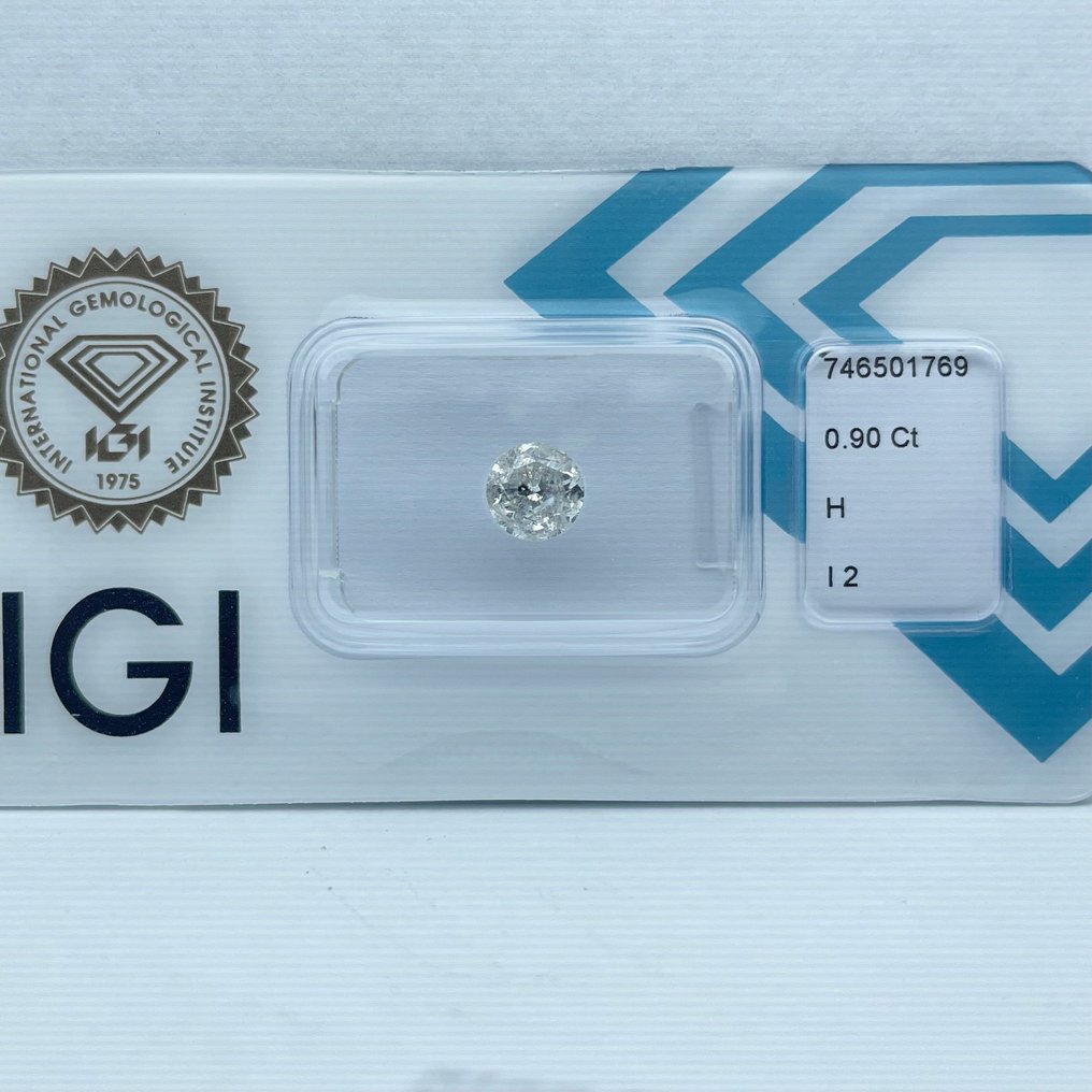 没有保留价 - 1 pcs 钻石  (天然)  - 0.90 ct - 圆形 - H - I2 内含二级 - 国际宝石研究院（IGI） #3.2