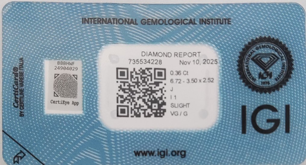 No Reserve Price - 1 pcs Diamond (Natural) - 0.36 ct - Marquise - J - I1 - International Gemological Institute (IGI) #2.1