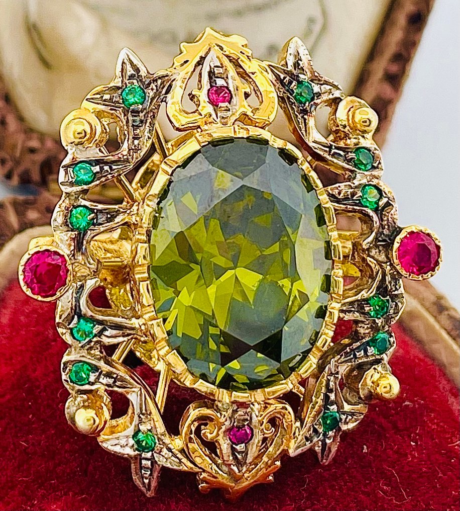 Nincs minimálár - Gyűrű - 9 Kt Sárga arany, Ezüst Peridot - Rubin #4.3