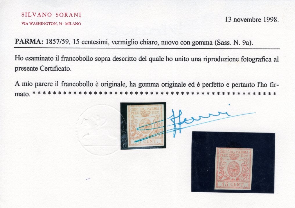 意大利古城邦-帕尔马 1857 - 15美分。浅红色，崭新，配有完整的原装橡胶——稀有且品质极佳！！！ - Sassone n. 9a #2.1