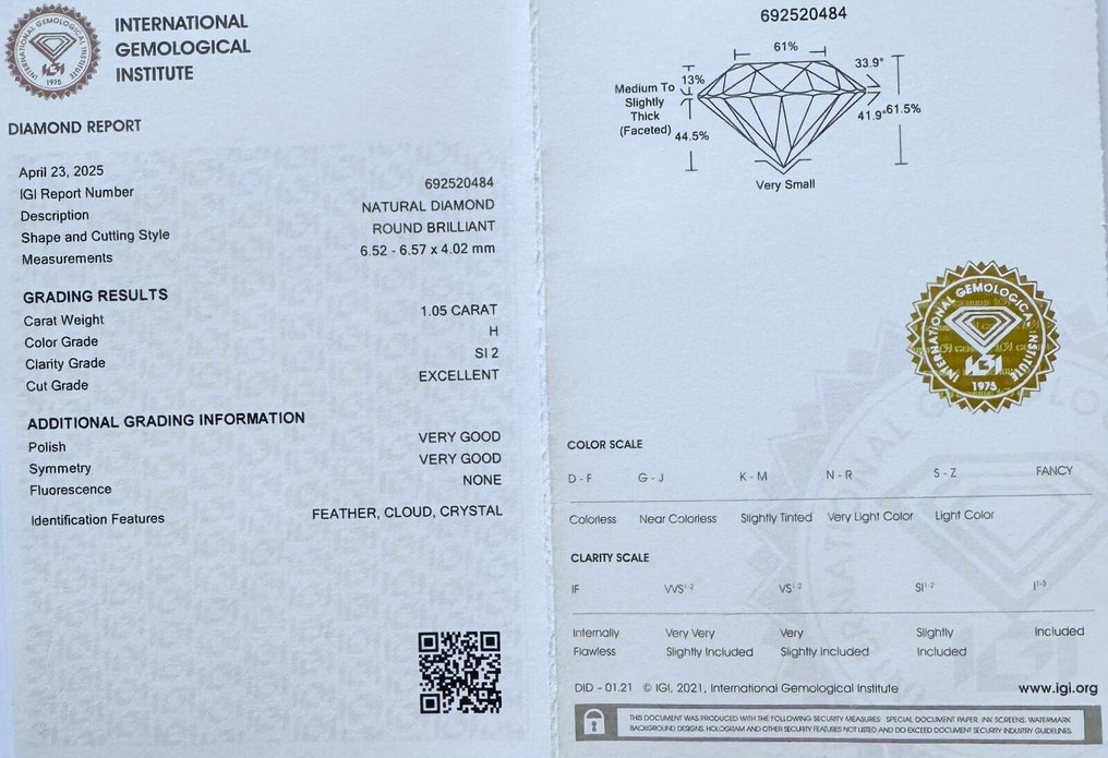 No Reserve Price - 1 pcs Diamond  (Natural)  - 1.05 ct - Round - H - SI2 - International Gemological Institute (IGI) - *EX VG None* #3.2