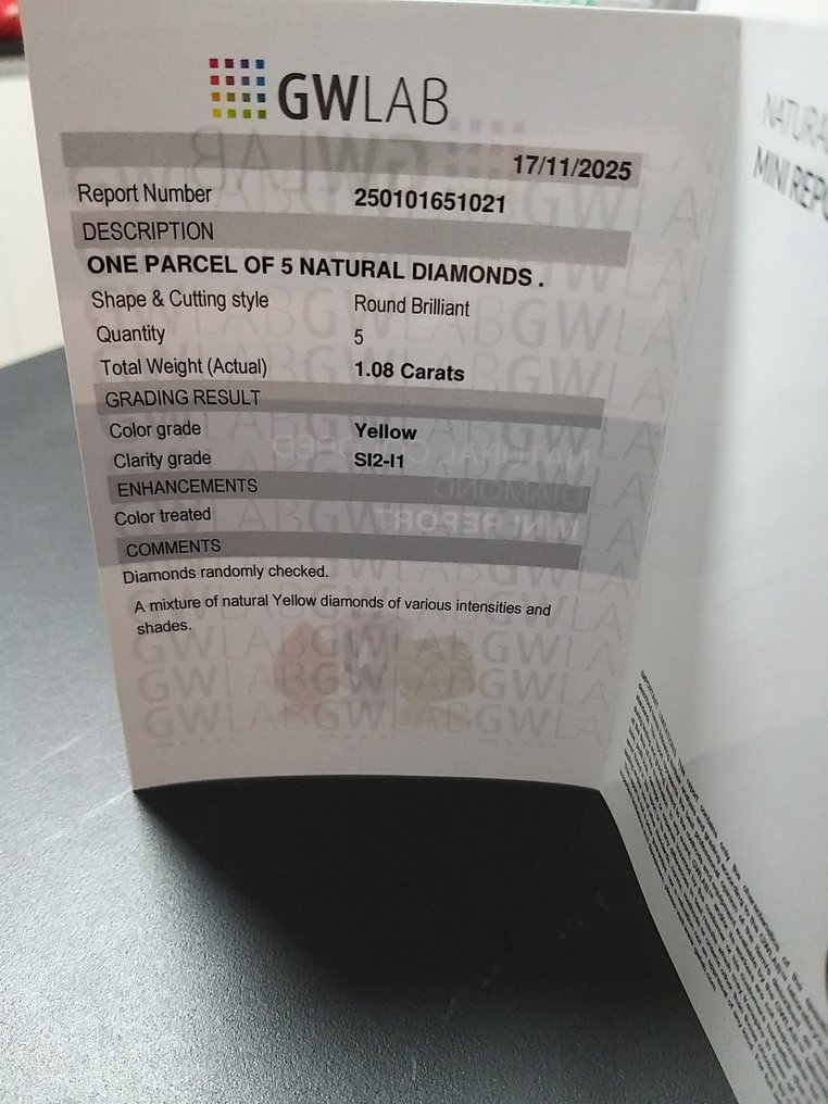 Sem preço de reserva - 5 pcs Diamante (Cor tratada) - 1.08 ct - Redondo Amarelo - I1, SI2 - Gemewizard Gemological Laboratory (GWLab) #2.1