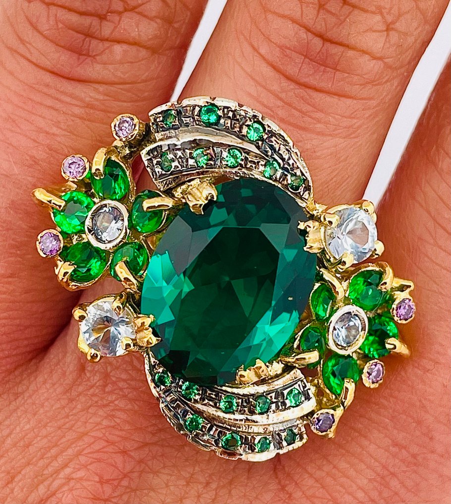 Ingen mindstepris - Ring - 9 kt. Gulguld, Sølv Smaragd - Akvamarin #2.1