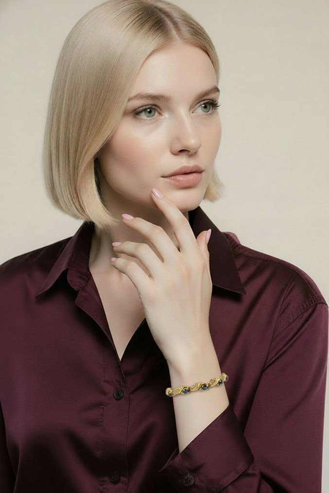 手鈪 - 14 克拉 黃金, 14K黄金1.01克拉钻石与4.0克拉蓝宝石手链 - 5.01ct. tw. 鉆石 (天然) - 藍寶石 #3.2