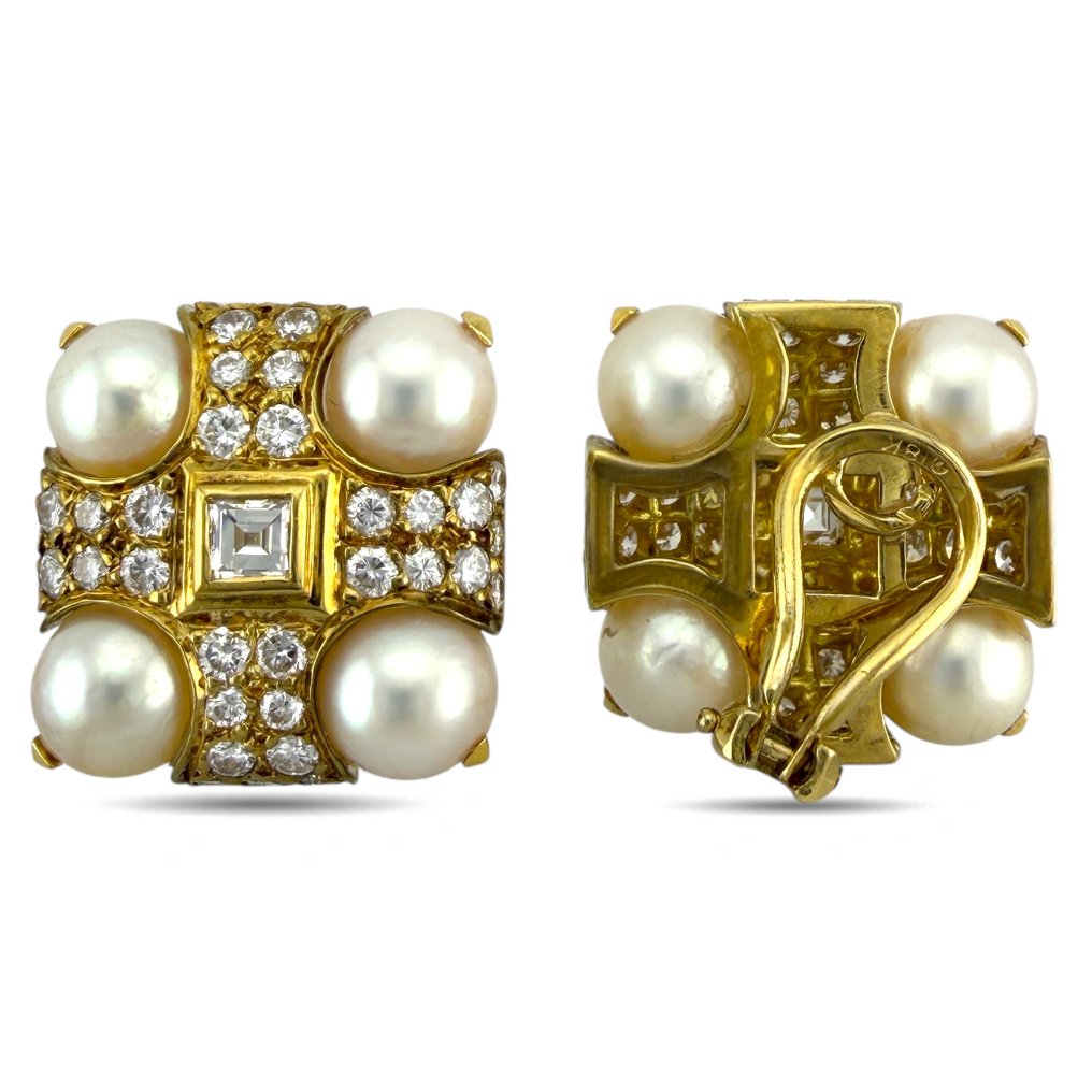 耳环 - 18K包金 黄金, 独家18K黄金镀金5.60克拉钻石与珍珠夹式耳环 - 5.60ct. tw. 钻石 (天然) #3.2