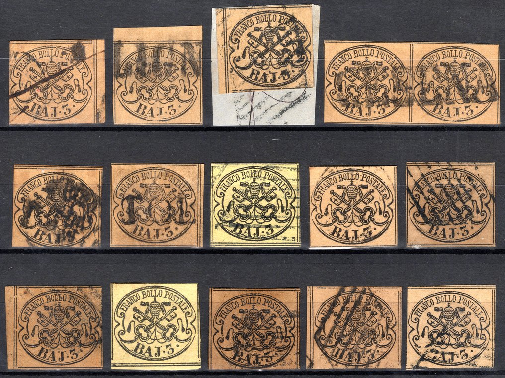 意大利古城邦-教皇国 1852 - 一组15个3 Bajocchi的值，全部以良好的利润使用，甚至在碎片上。 - Sassone n. 4+4A #1.0