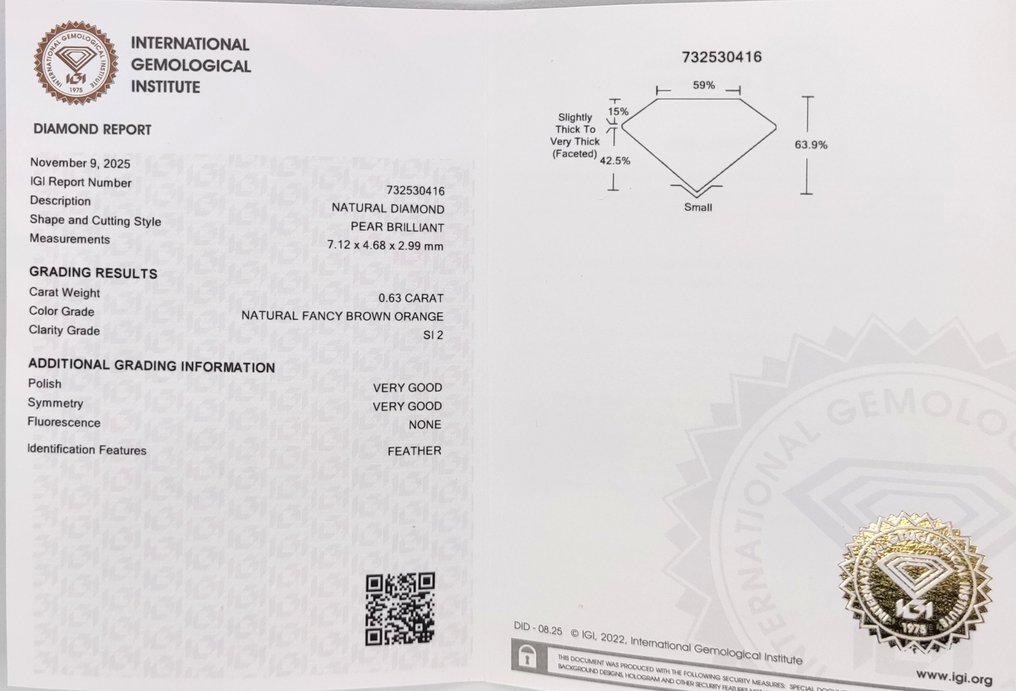没有保留价 - 1 pcs 钻石  (天然色彩的)  - 0.63 ct - 梨形 - Fancy 棕色 橙色 - SI2 微内含二级 - 国际宝石研究院（IGI） #4.3