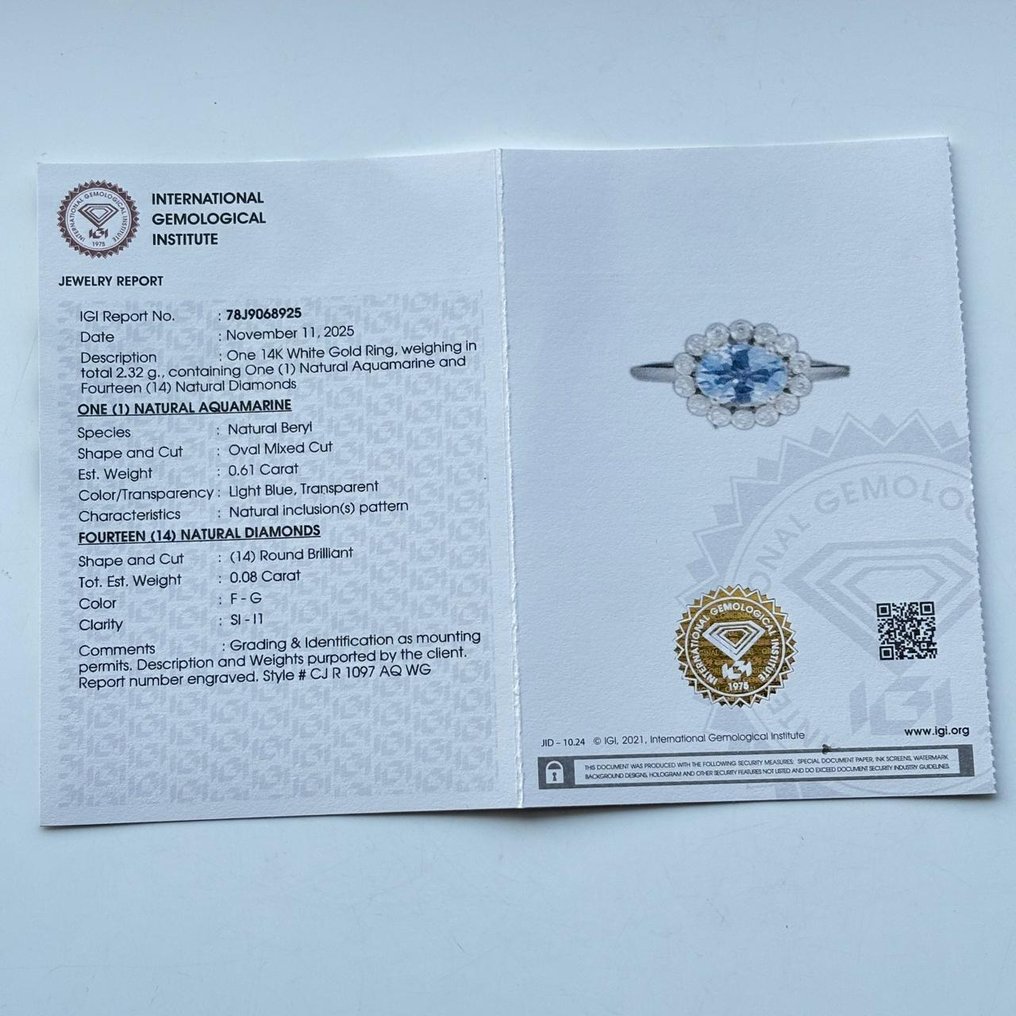 没有保留价 - 订婚戒指 - 14K包金 白金 - 0.69ct. tw. 海蓝宝石 - 钻石 #1.0