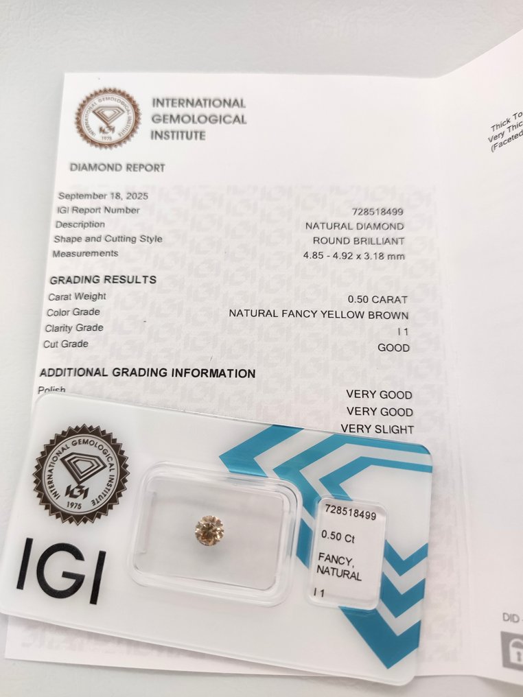 没有保留价 - 1 pcs 钻石 (天然色彩的) - 0.50 ct - 圆形 - Fancy 黄色 棕色 - I1 内含一级 - 国际宝石研究院(IGI) #3.2