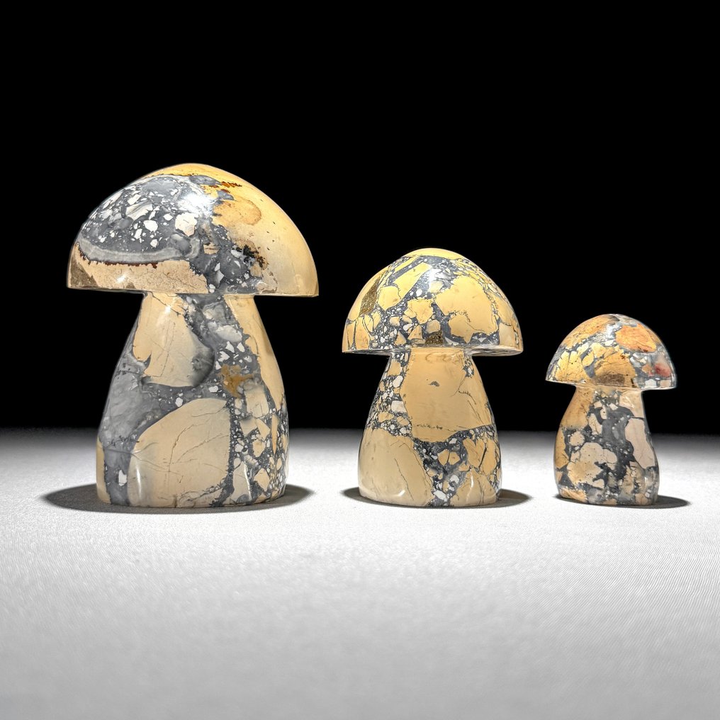 NO RESERVE PRICE - Wonderful set 3 of Yellow Maligano Jasper Mushrooms Shaped- 1400 g - (3) #1.0