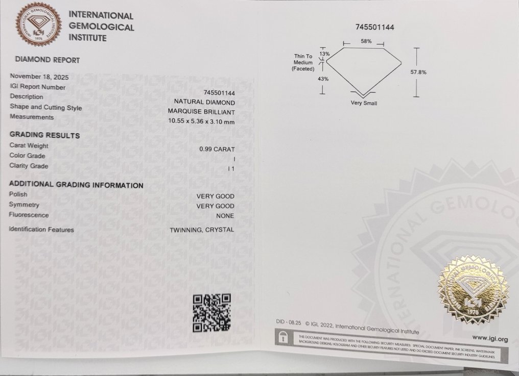 没有保留价 - 1 pcs 钻石  (天然)  - 0.99 ct - 榄尖形 - I - I1 内含一级 - 国际宝石研究院（IGI） #4.3