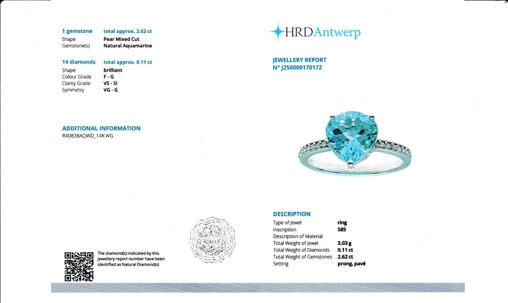 戒指 - 14 克拉 白金 - 2.73ct. tw. 海藍寶石 - 鉆石 #2.1