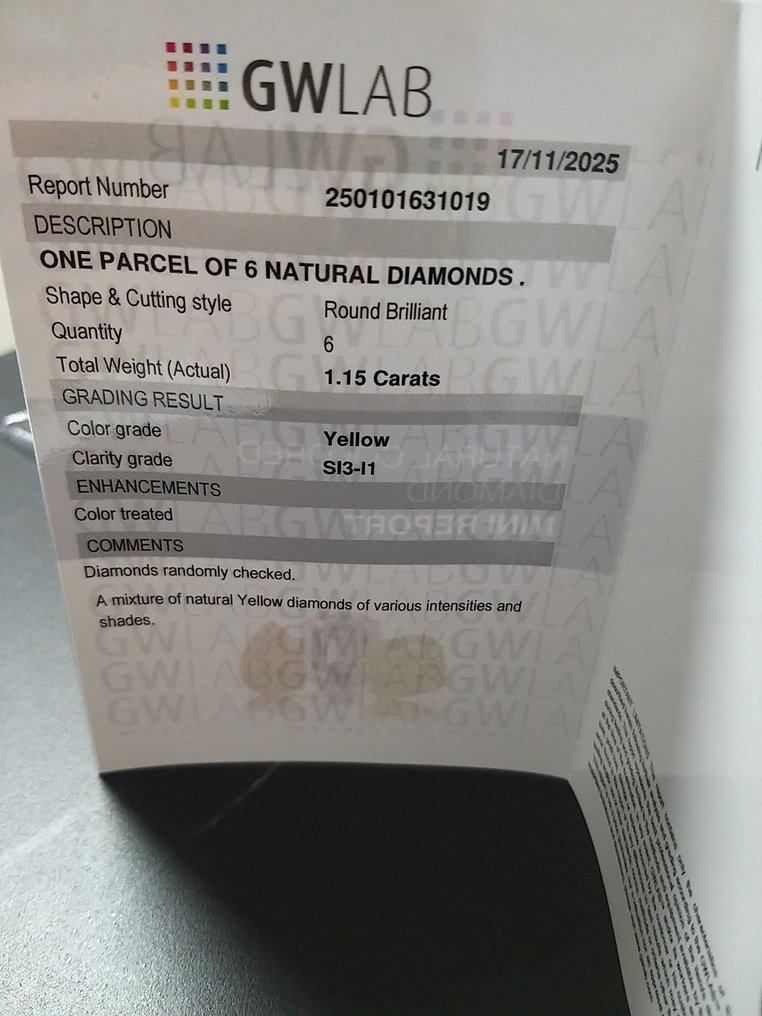 Senza prezzo di riserva - 6 pcs Diamante  (Con trattamento colore)  - 1.15 ct - Rotondo Giallo - I1, SI3 - Gemewizard Gemological Laboratory (GWLab) #3.2