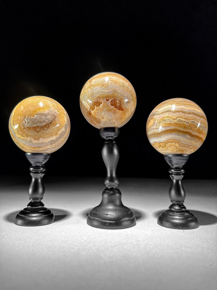 NO RESERVE PRICE - Wonderful set of 3 Lace Agate Sphere on custom stands- 1800 g - (3) #1.0