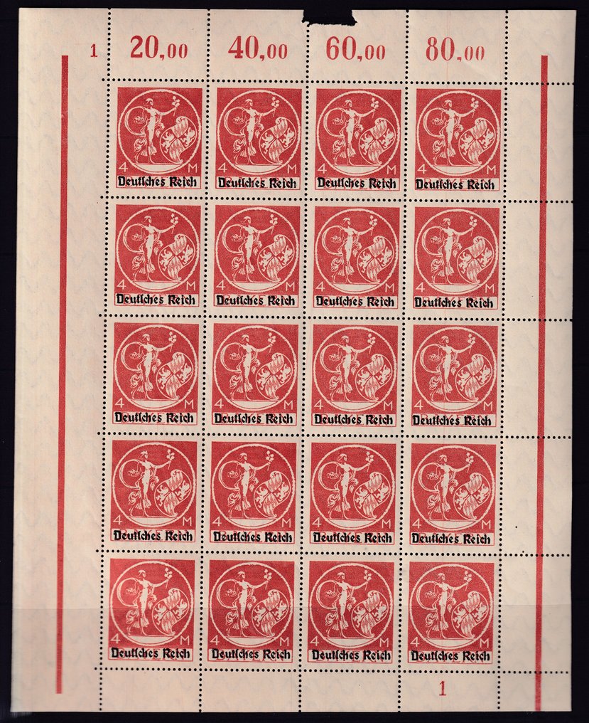 Duitse Rijk 1920/1921 - Vellen van 20 met 19 maal type I en 1 maal type II - Michel: 134/137 #4.3