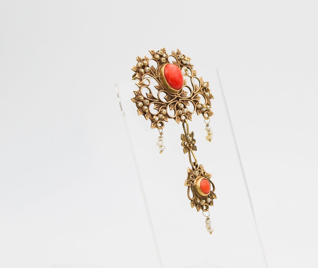 胸针 - 18K包金 黄金 珊瑚 - 珍珠 #3.2