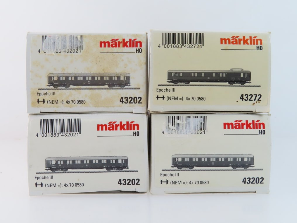 Märklin H0 - 43202/43727 - Modeltog passagervogn (4) - 4x 4-aisede sneltogsvogne i første klasse, inkl. bagagevogn. - DB #4.3