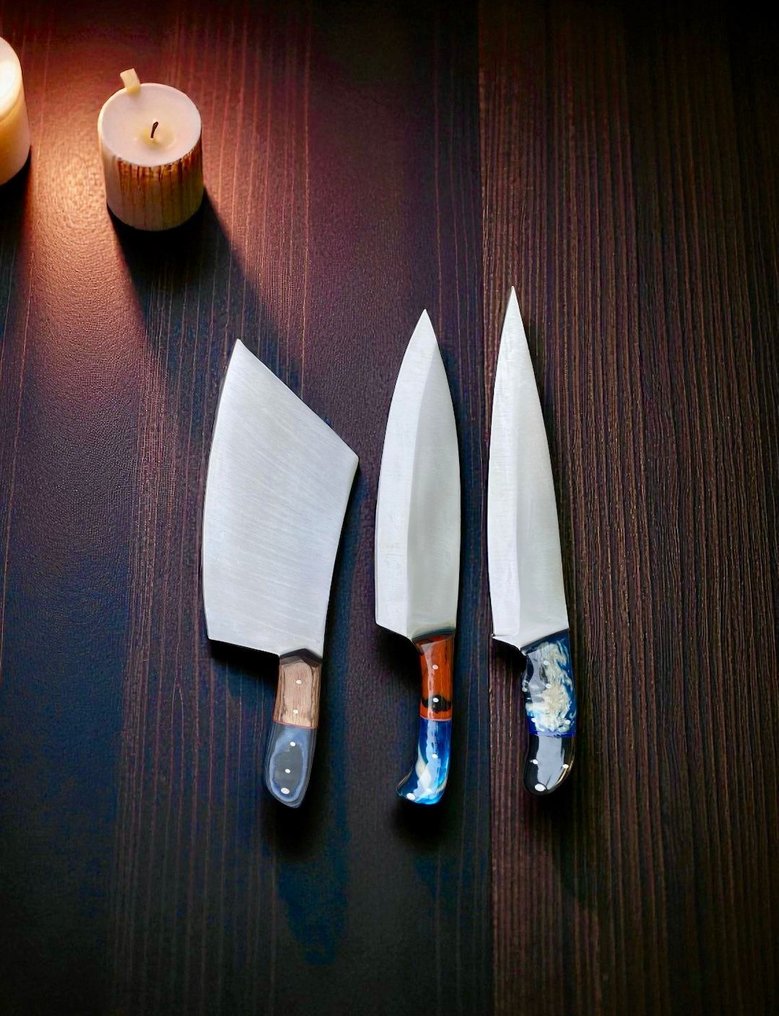 Set of THREE, Hand-Forged with Old Steel, Japanese Style Knives from Elite - Μαχαίρι κουζίνας - Chef's knife - Χάλυβας, Ξύλο, Εκλεκτό σετ 3 τεμαχίων, χειροποίητα σφυρηλατημένα ιαπωνικά παλαιά ατσάλι, αντίκες μαχαίρια - Ιαπωνία #4.3