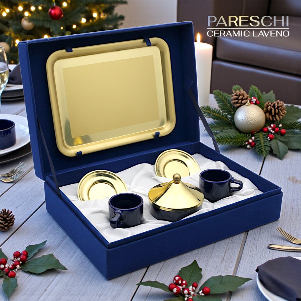 Pareschi Ceramica di Laveno - 咖啡用具 (7) - Mod. "Cobalt Blue" x2 Tazze con Piattini + Zuccheriera + Vassoio + Box Originale - TML纯铜不变色手工制作 - 1970年代 #1.0
