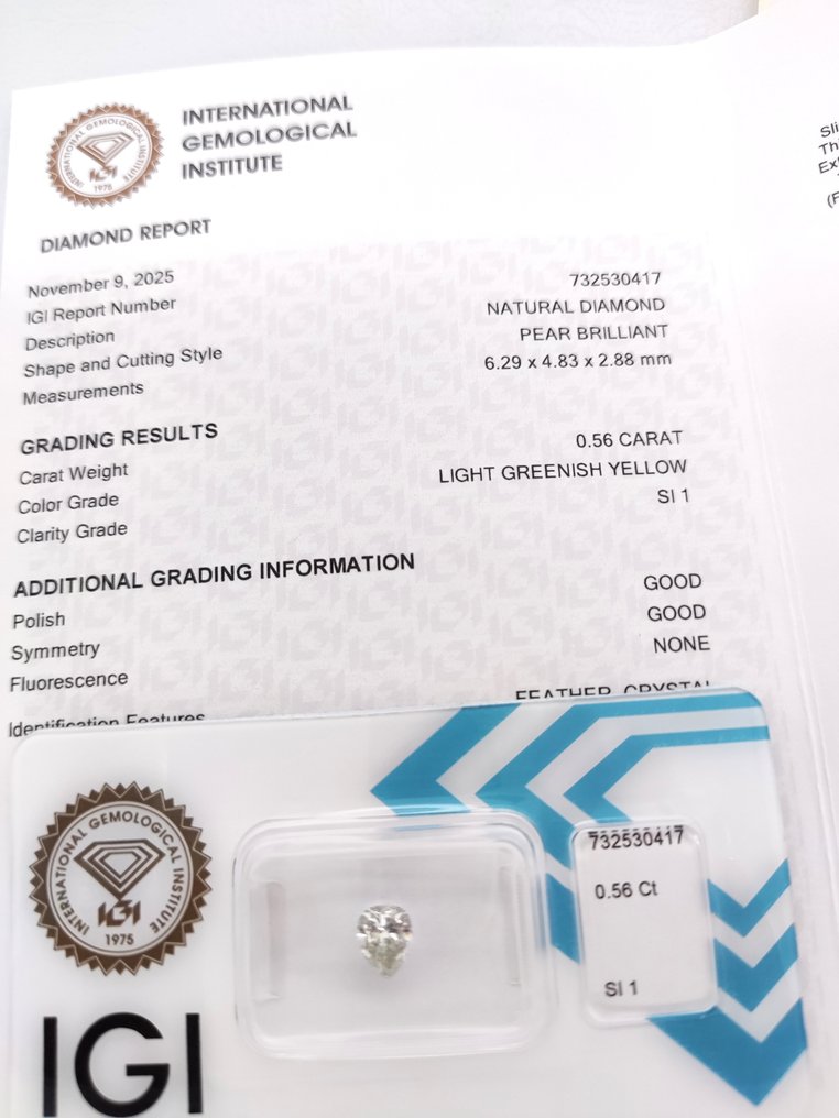 Fără preț de rezervă - 1 pcs Diamant (Colorat natural) - 0.56 ct - Pară - Light verzui Galben - SI1 - IGI (Institutul gemologic internațional) #3.2