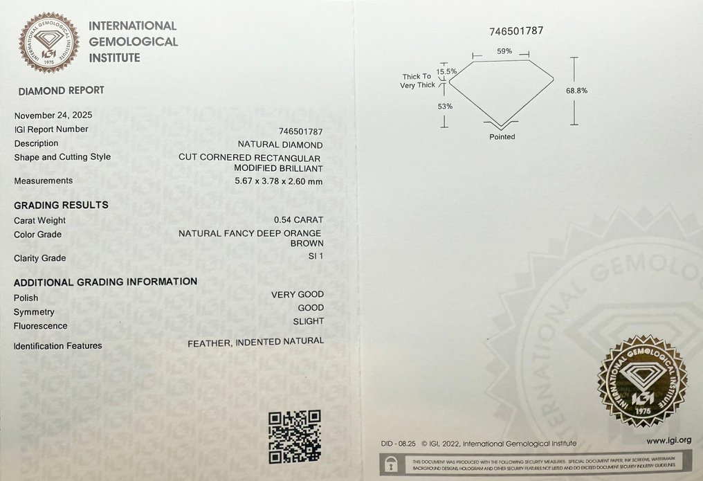 没有保留价 - 1 pcs 钻石 (天然色彩的) - 0.54 ct - 矩形 - Fancy deep 橙色 棕色 - SI1 微内含一级 - 国际宝石研究院(IGI) #2.1