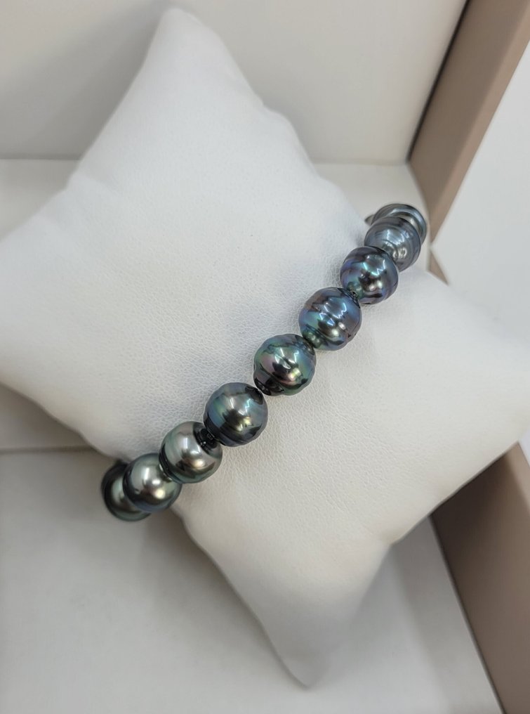 沒有保留價 - 手鈪 8x9毫米孔雀绿色的大溪地珍珠 #2.1