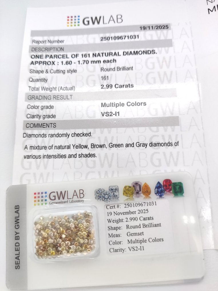 没有保留价 - 161 pcs 钻石 (天然色彩的) - 2.99 ct - 圆形 混合色彩 - VS2 轻微内含二级, I1 内含一级 - Gemewizard宝石实验室(GWLab) #2.1