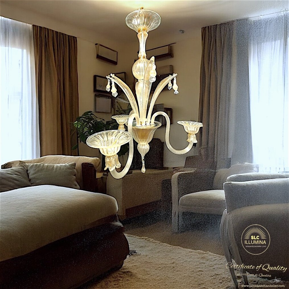 枝形吊灯 - 墙，三盏灯，金色叶子 - 穆拉诺玻璃 - Murano Veneziano #1.0