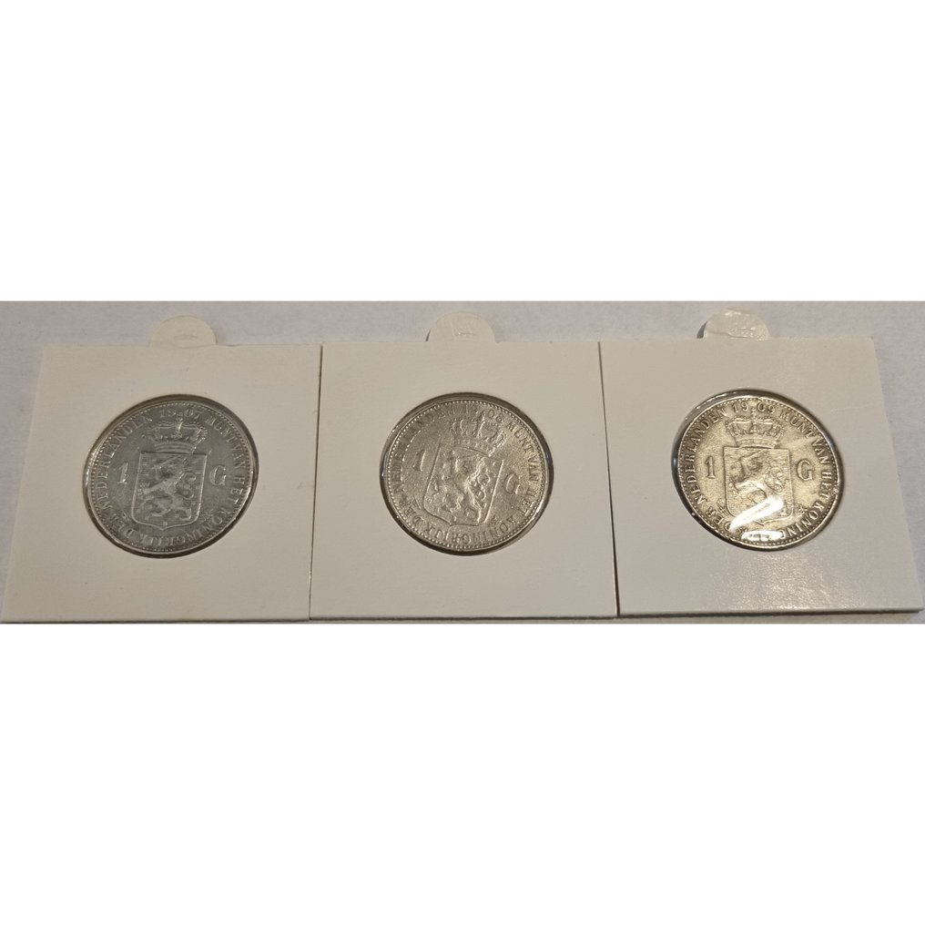 Netherlands. Wilhelmina. 1 Gulden 1907, 1908, 1909, 3 stuks (No Reserve Price) #1.0