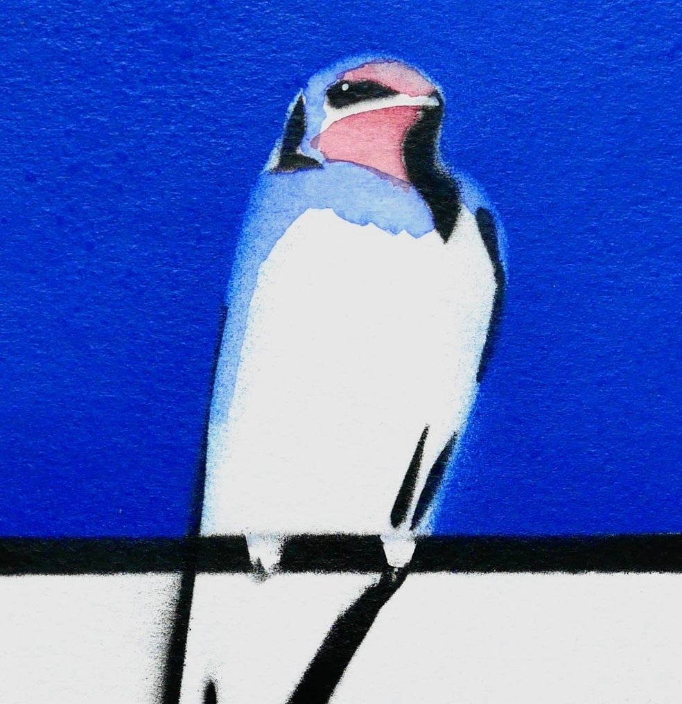 Jos Verheugen - Free after Mondrian, with Swallow (A187, mixed techniques on paper under glass) #3.2