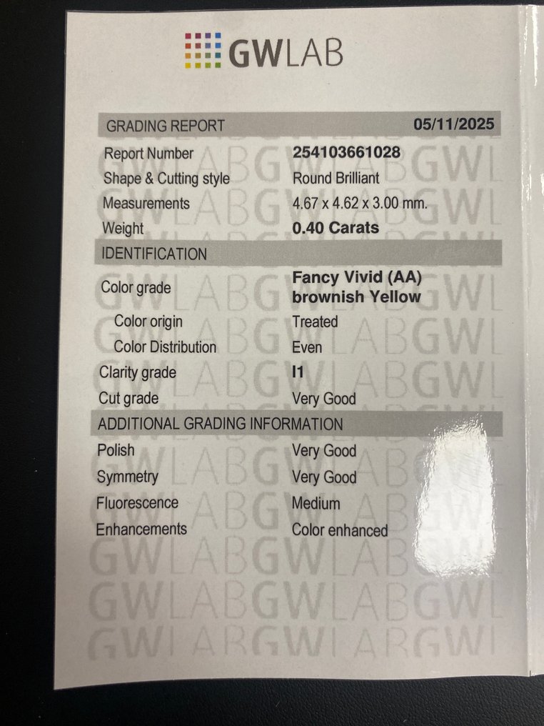 No Reserve Price - 1 pcs Diamond (Colour-treated) - 0.40 ct - Round - Fancy vivid Brownish - I1 - Gemewizard Gemological Laboratory (GWLab) #3.2