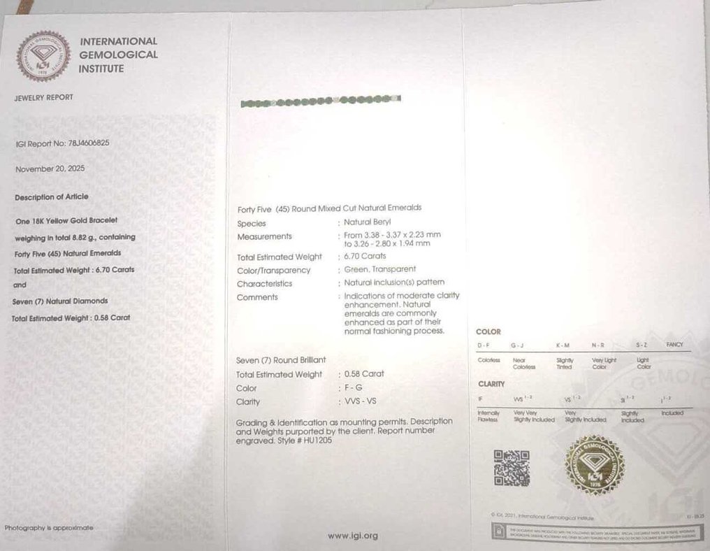 网球手链 - 18K包金 黄金 -  7.28ct. tw. 祖母绿 - 钻石 #3.2